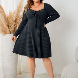 Sztori Women Plus Size Tie-Up Neck Fit & Flare knit Dress-image-75