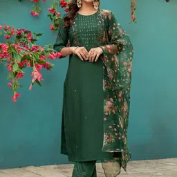 ARADHNA Women Floral Embroidered Pure Silk Kurta with Trousers & Dupatta-image-53