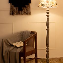 green girgit White & Grey Floral Printed Wooden Frustum Shaped Floor Lamp-34