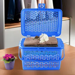 Kuber Industries Blue Checked Multipurpose Tote Basket with Lid & Handle-49