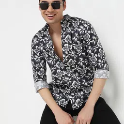 R&B Men Floral Printed Spread Collar Satin Casual Shirt-picture-9