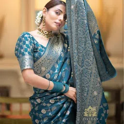 HERE&NOW Rama Ethnic Motifs Woven Design Zari Banarasi Saree-picture-30