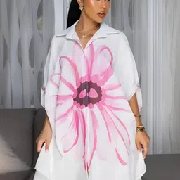 HERE&NOW Women Pink Floral Print Shirt Collar A-Line Dress-picture-3
