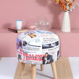 Shadowkart White & Blue Printed Wooden Round Ottoman Pouffe-picture-3