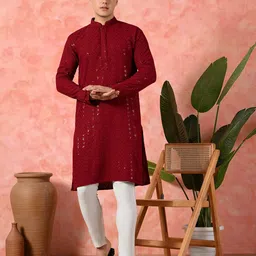 7 GEN Floral Embroidered Mandarin Collar Sequinned Straight Kurta-image-92