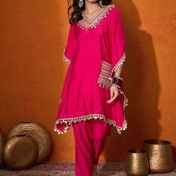 Sangria Embroidered  Kaftan With Trousers-25