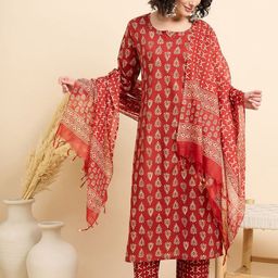 KLOSIA Women Ethnic Motifs Printed Regular Kurta with Trousers & With Dupatta-16