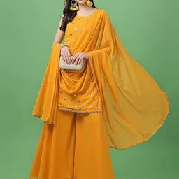PARROT CREATION Women Embroidered Regular Sequinned Kurta with Sharara & With Dupatta-11