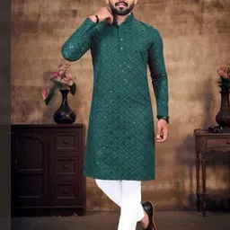 Shivgarmets Men Embellished Straight Kurta (Green)-image-80