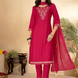 Anouk Ethnic Motifs Yoke Design Chanderi Silk Kurta With Trousers &  Dupatta-16