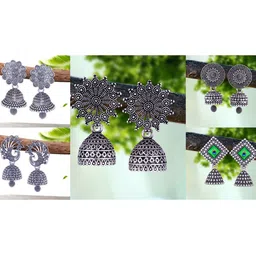DIVASTRI Set Of 5 Silver-Plated Dome Shaped Oxidized Jhumkas-5