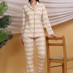Sweet Dreams Women Striped Lapel Collar Pure Cotton Night suit-image-33