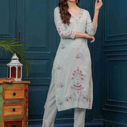 ALEXEY JAY Floral Embroidered Thread Work V-Neck Straight Kurta With Trousers-57