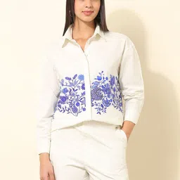 U.S. Polo Assn. Women Floral Printed Pure Cotton Long Sleeves Shirt & Shorts Co-Ords Set-image-2