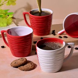 Storepedia White & Red 4 Pieces Textured Ceramic Matte Cups 150ml-4