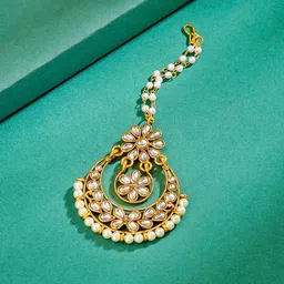 Yellow Chimes Gold-Plated Kundan & Pearl Maang Tikka Head Jewellery-image-44