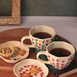 WEAVING HOMES Beige & Blue 4 Pieces Printed Dishwasher Safe Ceramic cup & Dessert Plate-50