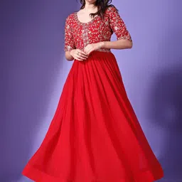 KALINI Floral Embroidered Georgette Maxi Fit and Flare Ethnic Dress-picture-47