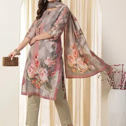Anouk Grey Floral Printed Keyhole Neck Pure Silk Straight Kurta With Trousers & Dupatta-image-8