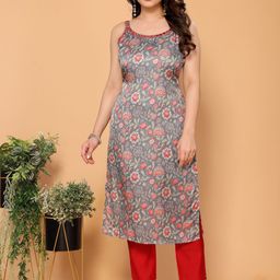 MINGORA Floral Printed Shoulder Straps Mirror Work Pure Silk Straight Kurta with Trousers-0
