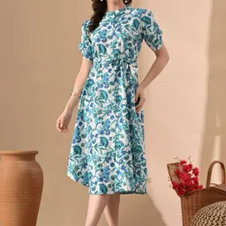 Jaipuri Fashionista Blue Floral Print Puff Sleeve A-Line Midi Dress-image-23