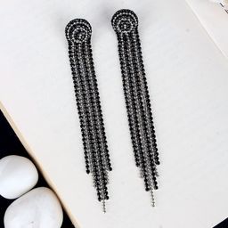 StyleCast Silver-Plated Rhinestone Studded Tasselled Circular Drop Earrings-image-90