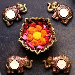The handicraftian Bronze-Coloured & Gold-Toned 4 Pieces Textured Terracotta Candle Holders-image-96