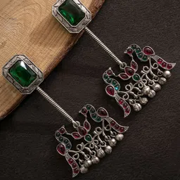 PANASH Silver-Plated Artifical Stones Studded Contemporary Shaped Oxidised Drop Earrings-21