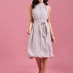 DressBerry Striped Halter Neck Georgette Fit & Flare Dress-image-22