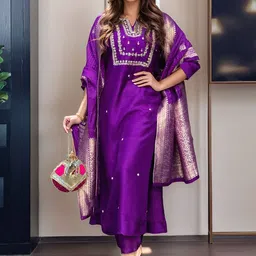 Aaghnya Floral Embroidered Notch Neck Beads And Stones Kurta with Trousers & Dupatta-picture-53