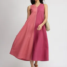 Pink Fort Women Linen Blend Colourblock A-Line Dress Pink-image-6