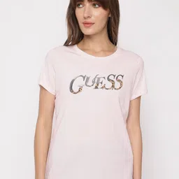 GUESS Women Typography Printed Round Neck Cotton Slim Fit T-shirt-image-48