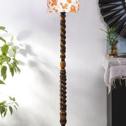 Devansh White & Orange Printed Cotton Open Snake Wooden Floor Lamp image 4