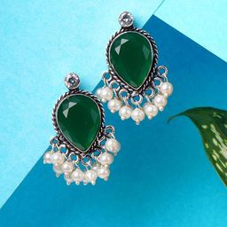 Bamboo Tree Jewels Artificial Stones Studded & Beaded Oxidised Oval Shaped Studs-image-49