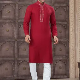 OUTLUK Men Floral Embroidered Regular Thread Work Pure Cotton Kurta with Pyjamas-picture-17