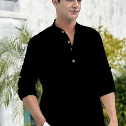 APEKTRA Band Collar Roll-Up Sleeves Slim Fit Short Kurta-image-26