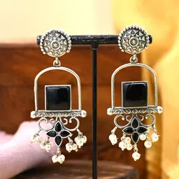 Zoey Silver Plated Artificial Stones Studded & Beaded Contemporary Drop Earrings-22