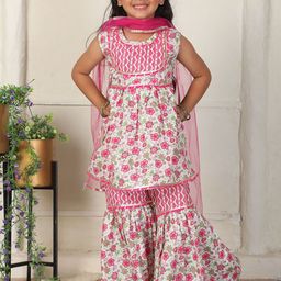 Cutiekins Girls Floral Printed Round Neck Gotta Patti A-Line Kurta With Sharara & Dupatta-picture-40