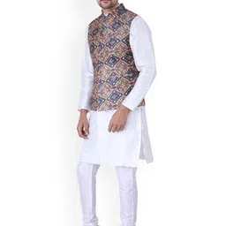 Sadree Mandarin Collar Dupion Silk Kurta And Churidar With Nehru Jacket Set image 5