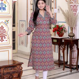 Jevi Prints Ethnic Motifs Printed V-Neck Pure Cotton Straight Kurta-42