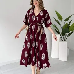 MANOJAVA Floral Print Applique Fit & Flare Midi Dress-image-56