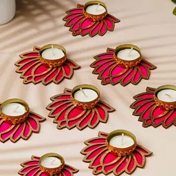 eCraftIndia Gold-Toned & Pink  8 Pieces Lotus Flower Decorative Tea Light Candle Holders-image-72