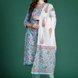 Anouk Women Floral Printed Regular Pure Cotton Kurta with Trousers & Dupatta-30