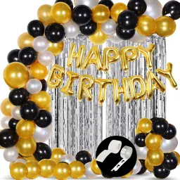Solid Happy Birthday Balloons Decoration Kit 35 Pcs, 1 set of Golden 13Pcs "Happy Birthday" alphabet foil balloons an 30pcs HD Metallic balloons(10 Gold, 10 Black & 10 Silver) and 2pcs Silver Foil Balloons and 1pc Glue dot, 1pc Arch Strip with free1 Ribbon for Husband Kids Boys Balloons Decorations Items Combo with Helium Letters Foil Balloon Banner, Latex Metallic Balloons Balloon (Multicolor, Pack of 35)-image-74