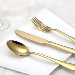 3 Pcs Stainless Steel Golden Spoon, Fork & Butter Knife, Stainless Steel Dessert Spoon, Soup Spoon, Table Spoon Set-image-33