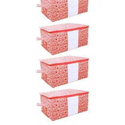 Kuber Industries Set Of 4 Red & White Leaf Design Underbed Storage Bags With Transparent Window-20