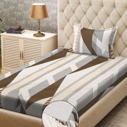 KLOTTHE Grey & White Geometric Printed 300TC Fitted Single Bedsheet & Pillow Covers-image-81