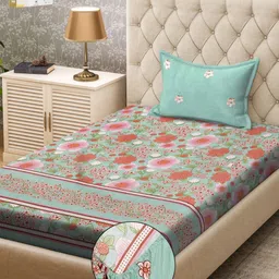 KLOTTHE Green & Rust Orange Floral Printed 300TC Fitted Single Bedsheet & Pillow Cover-21