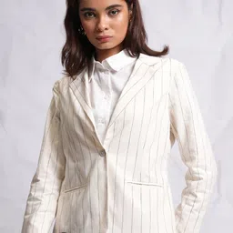 CHIC BY TOKYO TALKIES White & Black Striped Single-Breasted Blazer-image-80