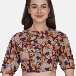 THE WEAVE TRAVELLER Beige & Red Kalamkari Block Printed Cotton Saree Blouse-8